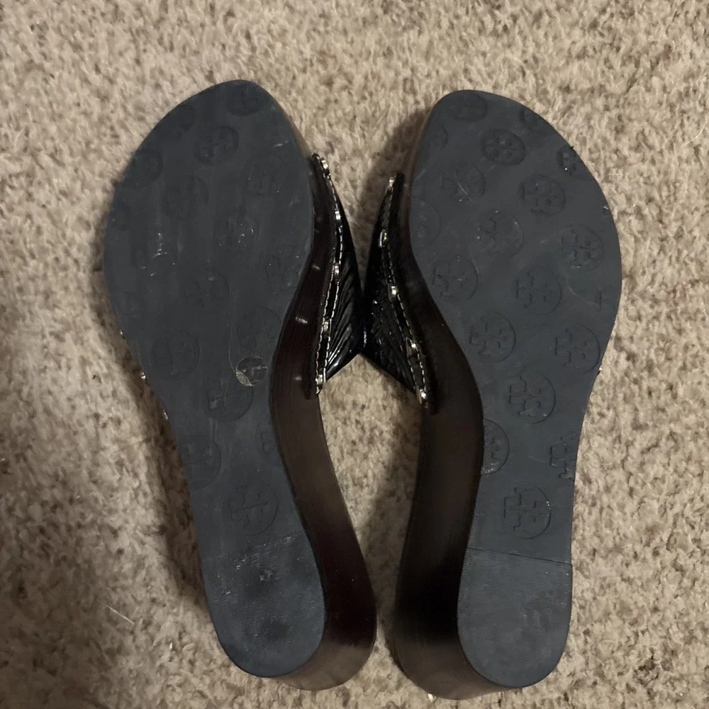 Tory Burch Patti Black Patent Slides Platform Wedge Mules Heels Sandals Size 9 M